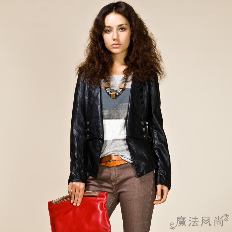 PEACEBIRD women's new arrival stand collar front fly cool leather clothing female PU slim jacket female