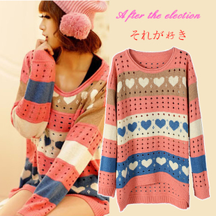 Peach heart sweater love sweater autumn stripe loose batwing sleeve sweater