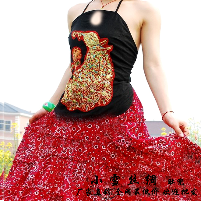 Peacock embroidery apron women's sexy adult red faux silk apron national trend