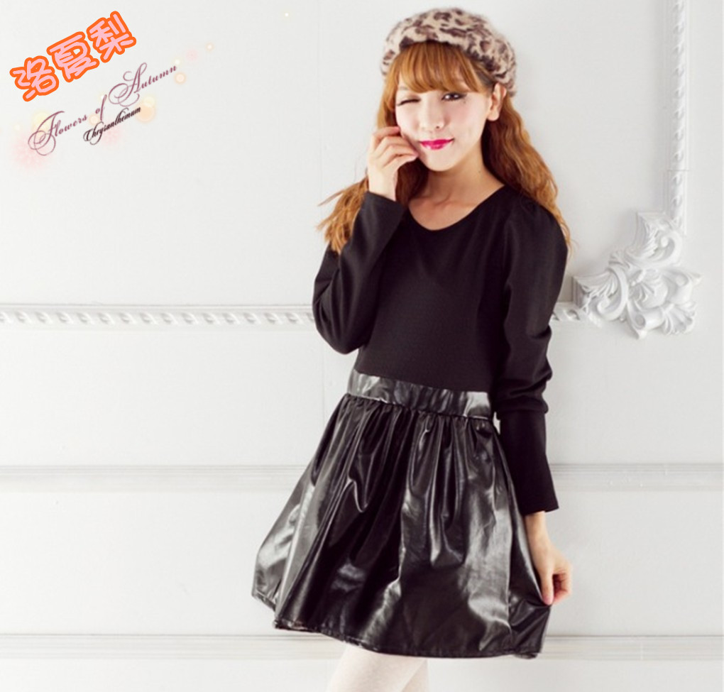 Pear fashion punk fashion vintage new arrival long-sleeve skirt puff sleeve leather mosaic one-piece dress