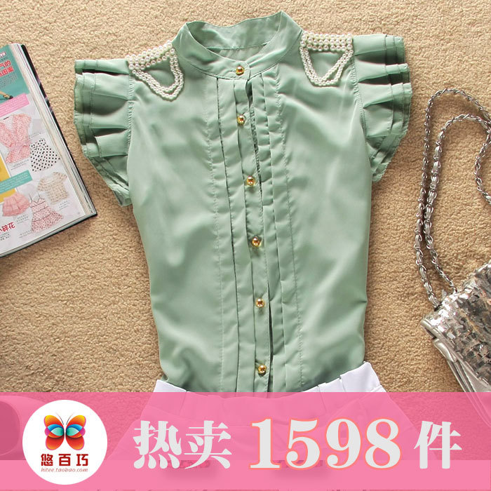 Pearl cute shirt short-sleeve chiffon top lace chiffon shirt 2012 spring women's summer shirt