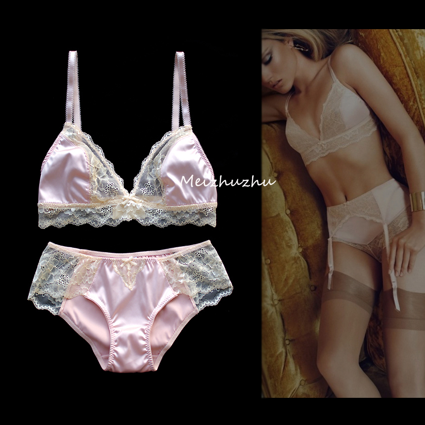 Pearlizing single pink beige lace bikini of paragraph triangle cup pad ultra-thin bra set