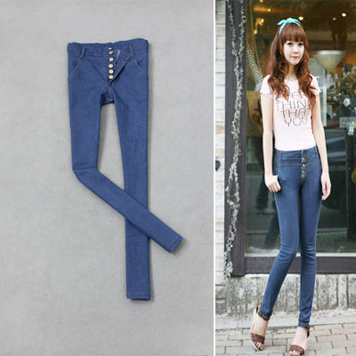 Pencil pants high waist metal button front fly jeans skinny pants female 5598 free shipping