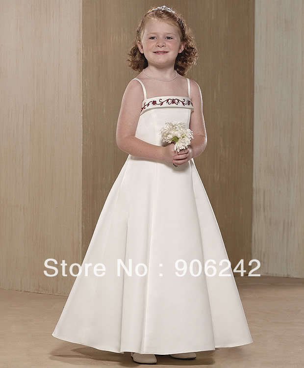 Perfect Ivory Satin With Embroidery Spaghetti Straps Newest Bridal Flower Girl Dress LR-C423