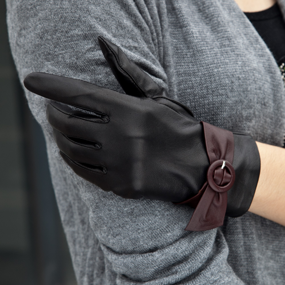 Pernycess Leather gloves women's sheepskin winter thermal sheepskin genuine leather gloves bow w-20