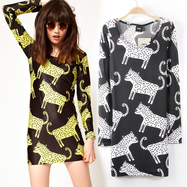 Personality Women's Western Style Leopard Pattern Slim Long Sleeve T-shirt TOP Dress # L034555