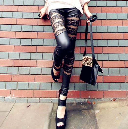 Personalized spring legging spring female lace legging faux leather horizontal stripe legging