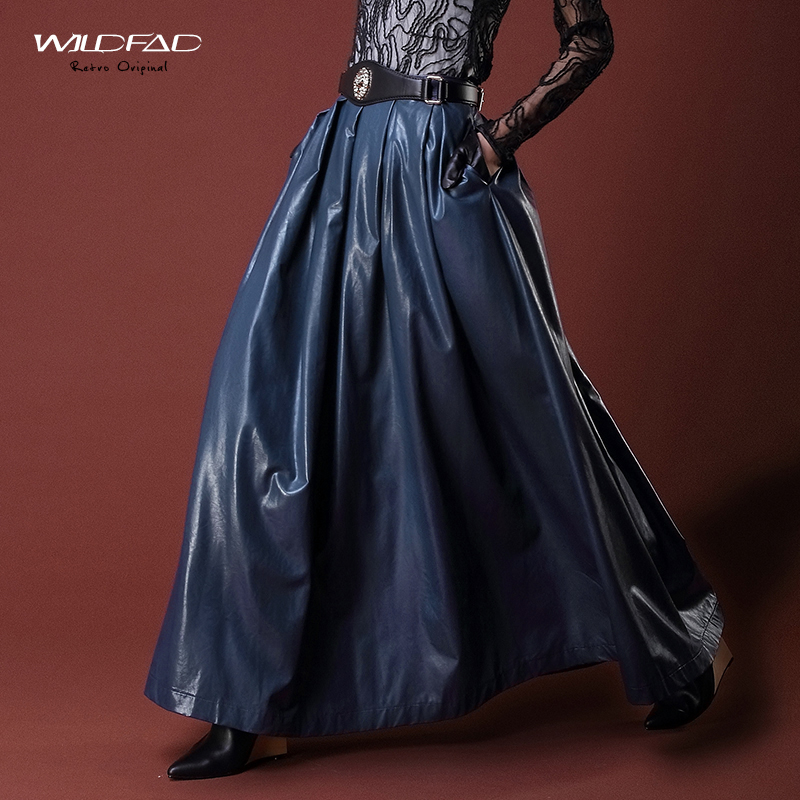Personalized vintage PU pleated skirt fashion skirt bust leather skirt ultra long skirt
