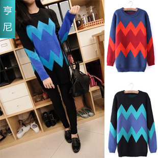 Personalized vintage sweater loose geometry wave pattern color block thick sweater Free Shipping