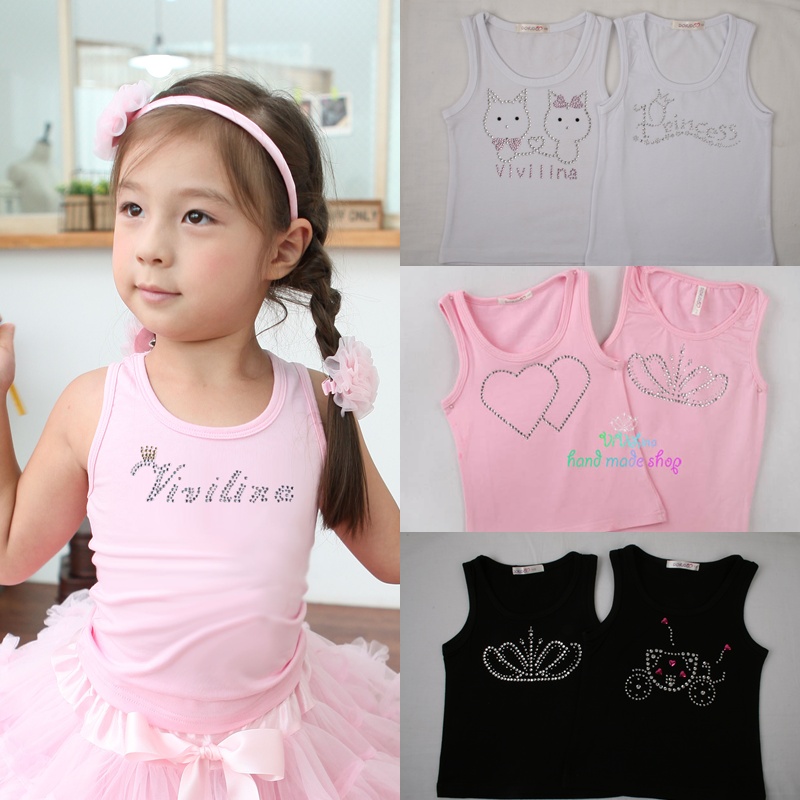 petti skirts for girls 3 100% cotton crystal rhinestones pattern sleeveless T-shirt vest top rhinestone tee