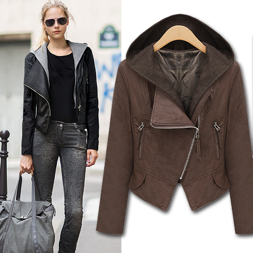 Pew 201 leather clothing fashion all-match high waist short design hooded slim outerwear top