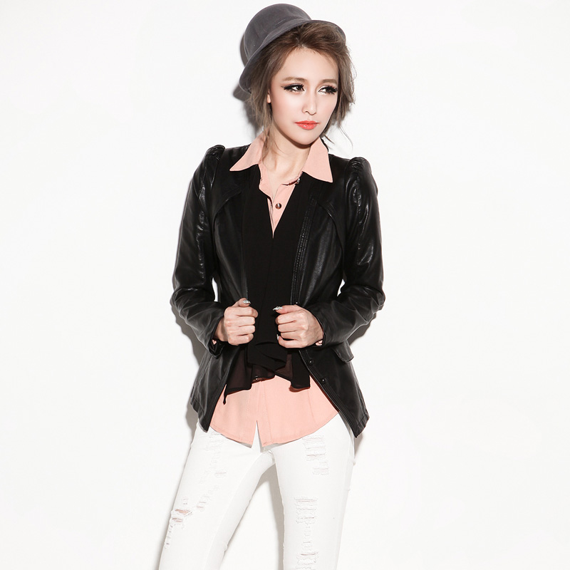 Pew outerwear 2012 leather clothing female coat gentlewomen chromophous scarf paragraph slim leather clothing button 1290