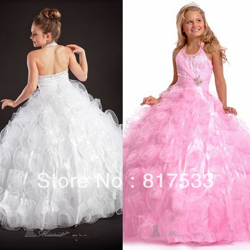 photos kids cakes pageant dresses girls on sale discount gowns diamond ball gown halter satin and tulle flower ruched long