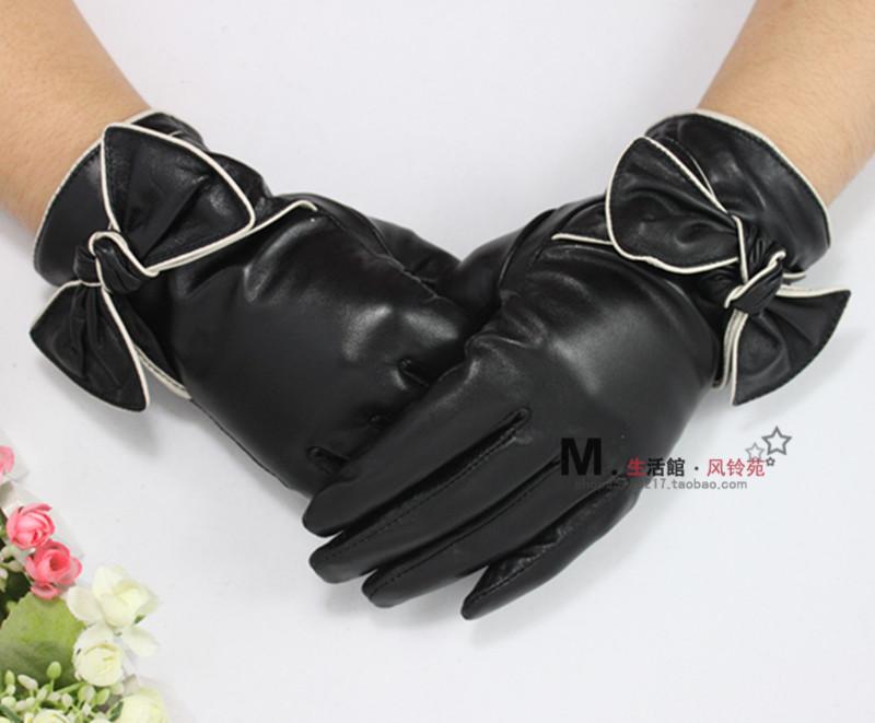Picotee bow leather gloves female genuine leather thickening thermal sheepskin gloves women's genuine leather gloves