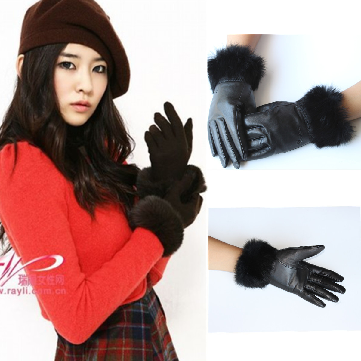 PIERRE CARDIN gloves sheepskin rabbit thermal fleece lined gloves women's genuine leather gloves