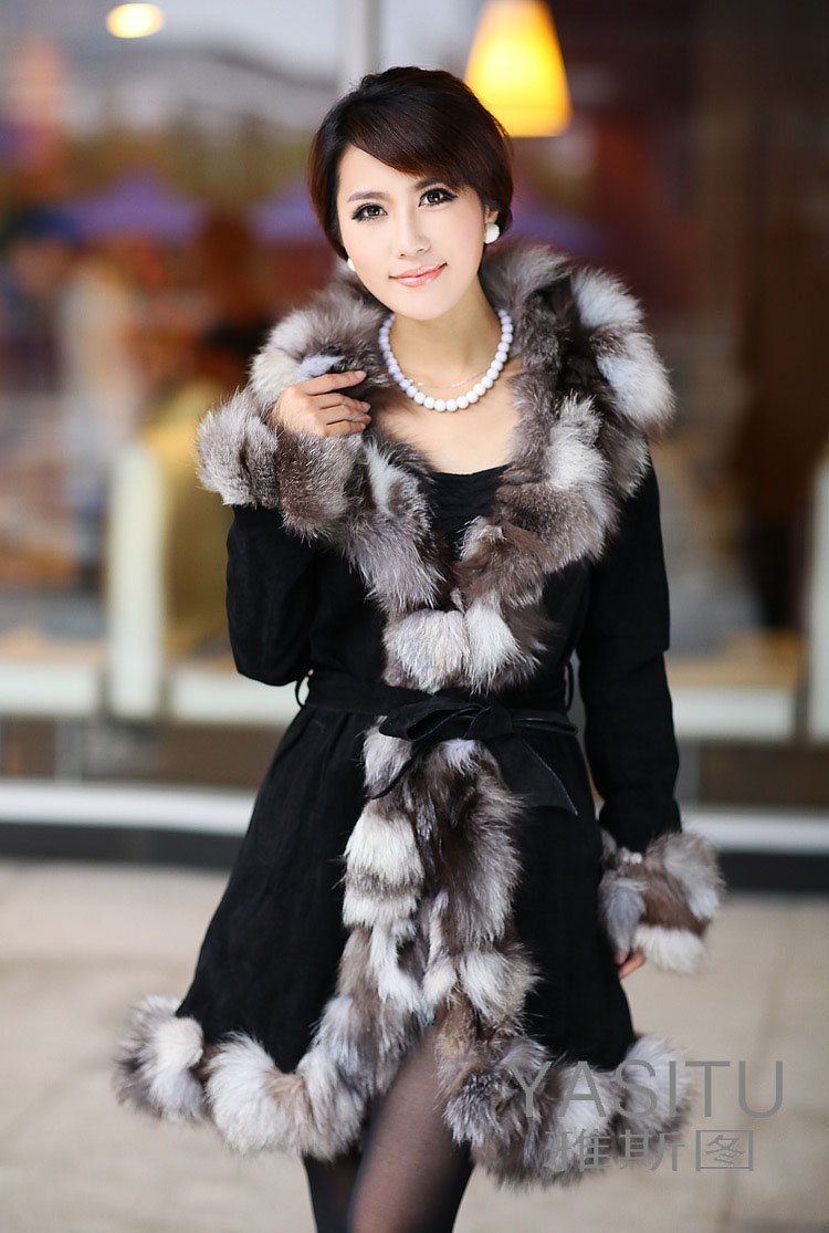 Pig Leather with fox fur collar Long Coat/winter women's clothing/Hot Sale/WholeSale / Retail