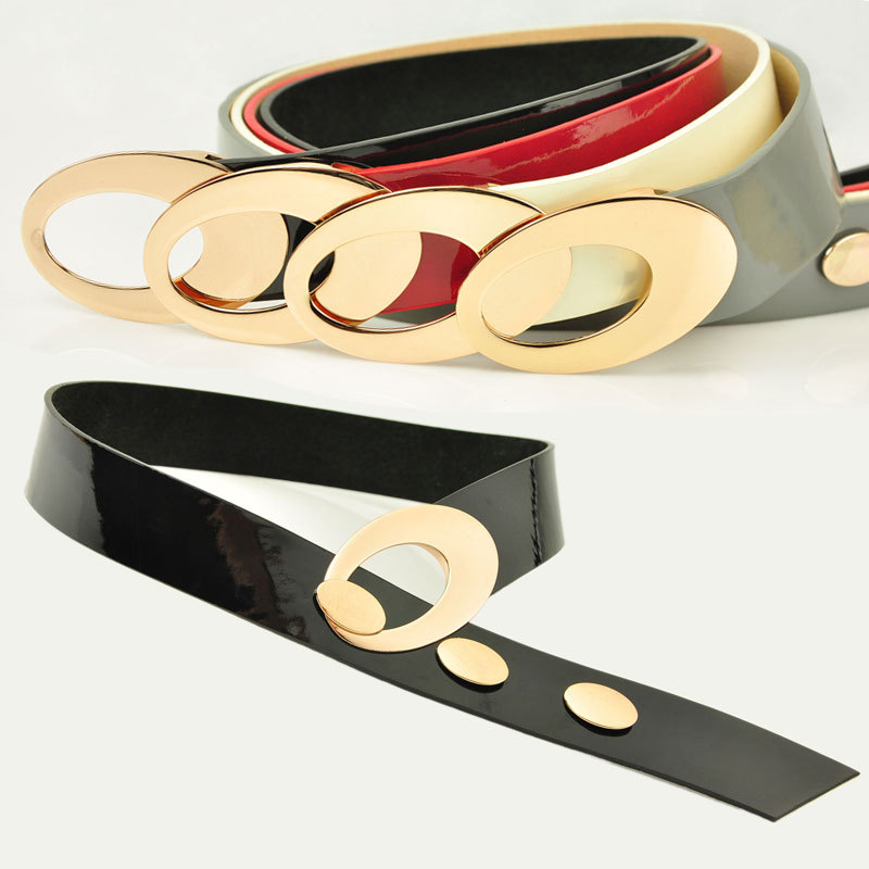 Pigskin japanned leather exquisite oval buckle fashion women belt black red white