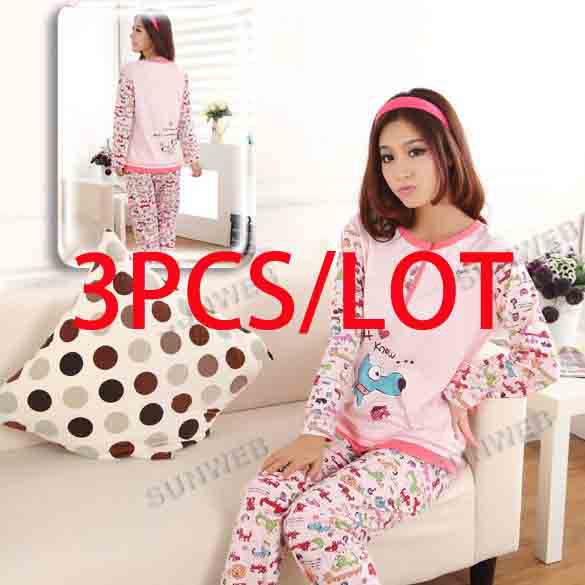 Pink 3pcs/lotLadies Women's Cotton Cute Cartoon Dog Long Sleeve Cotton Pajamas Sleepwear Homewear Sets 11176