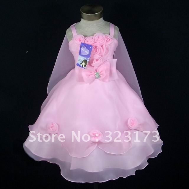 Pink Ball Gown Organza Fabric Spaghetti Straps Flower/ Beaded/Bow Ankle Length Ruffled Custom Made Flower Girl Dress