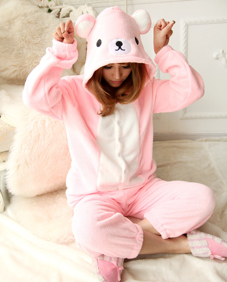 Pink bear sleepwear cartoon animal lovers one piece sleepwear with a hood lounge