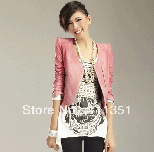 Pink/Black 2012 Fashion Women Faux Leather Jackets Zip-Up Cropped PU Leather Jacket Biker D-619