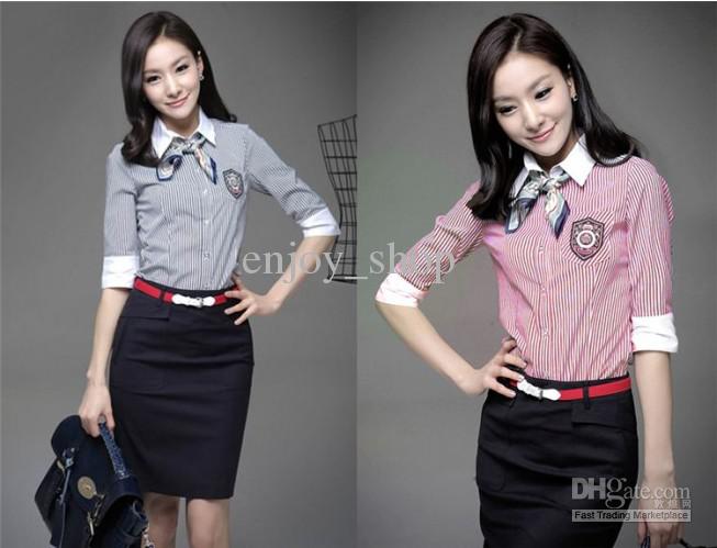 pink blue short sleeve tops + black skirt ladies women OL working dress clothes 1281