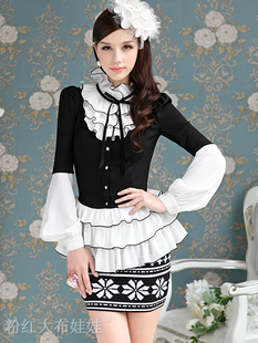 Pink doll 2012 autumn multi-layer ruffle hem lantern sleeve slim basic shirt