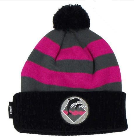Pink dolphin Waves Stripe Knit Beanie in Pink Embroidery knitted POM POMs Winter Knitting Wool hat sport beanies