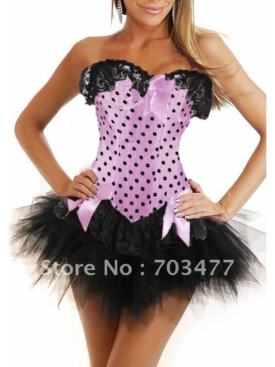 Pink dot lace up corset mini dress bow strapless sexy corset dress free shipping high quality low price wholesale and retail