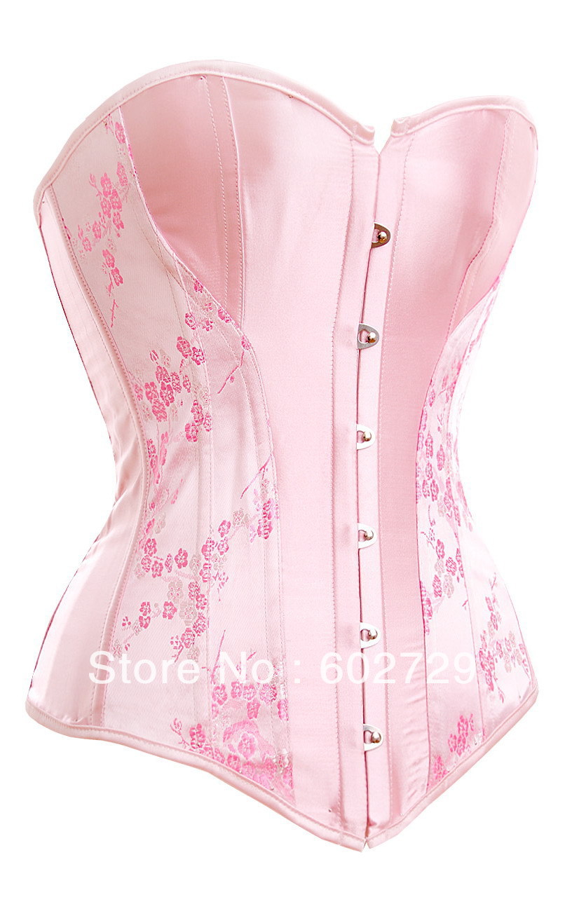 Pink floral satin boned lace up corset busiter lingerie bodyshaper factory supplier S-2XL