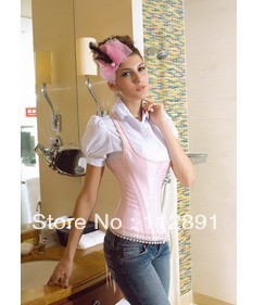 Pink hook eye front corset busiter with strap lace up boned size S-2XL   M0192