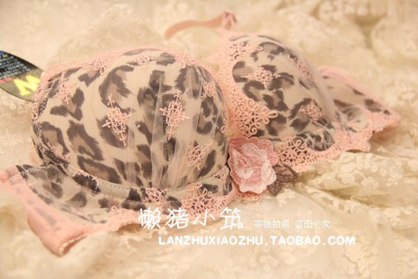 Pink leopard print chiffon yarn bra women's natural type push up bra underwear set 2155 pink