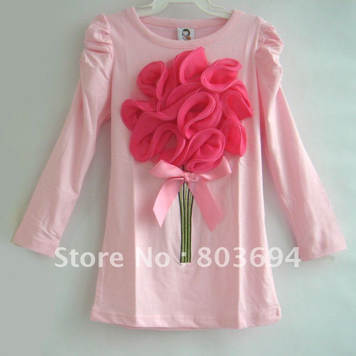 pink New design FLOWER 5pcs/lot girls long-sleeved t-shirt cotton t-shirt couple t-shirt plain baby top /Free shipping!! xa10
