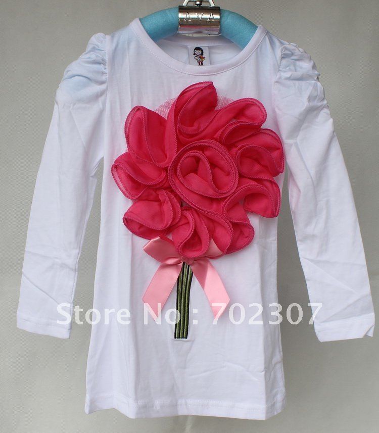 pink New design FLOWER 5pcs/lot girls long-sleeved t-shirt cotton top     /xa10