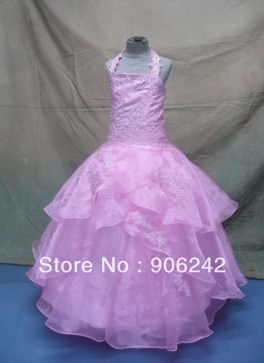 Pink Organza With Applique Halter Style Newest Bridal Flower Girl Dress LR-C