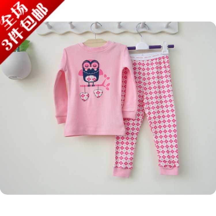 Pink owl female child sleepwear baby autumn and winter child 100% cotton underwear set clothing clothes