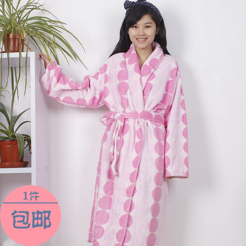 Pink polka dot coral fleece plush long design female bathrobe robe sleepwear