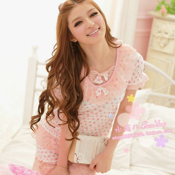 Pink princess lace collar bow female short-sleeve shorts 100% cotton sleepwear lounge 4