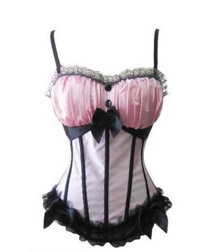 Pink satin boned lace up Burlesque corset bustier  with padded cup and strap Clubwear factory supplier S-2XL