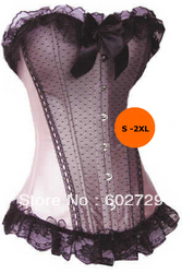 Pink satin with black dots lace overlay corset bustier boned lace up lingerie Dropship S-2XL