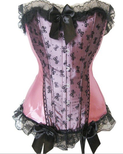 Pink satin with black lace overlay boned lace up clubwear lingerie bodyshaper dropship S-2XL