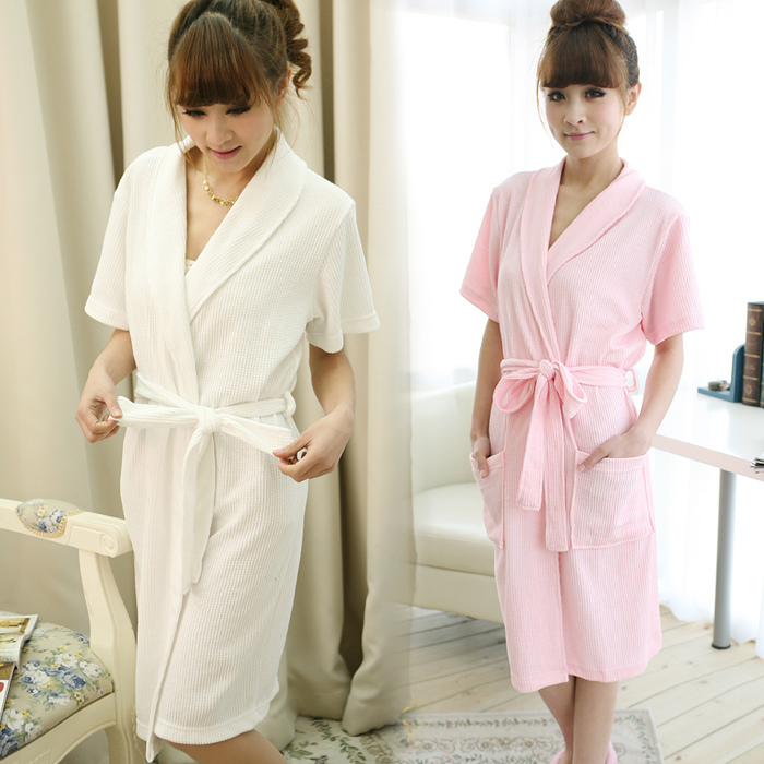 Plain soft waffle male women's lovers 100% cotton sleepwear bathrobes 100% cotton short-sleeve summer thin plus size