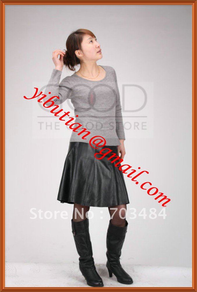 Pleated  Knee-Length Slim Black Ladies Long Leather Skirt 100% Sheep Leather Very Soft Dropshipping