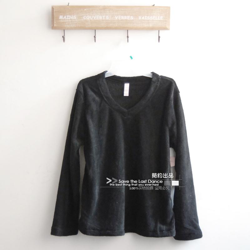 Plus size basic V-neck solid color black coral fleece top lounge sleepwear 98 - 134