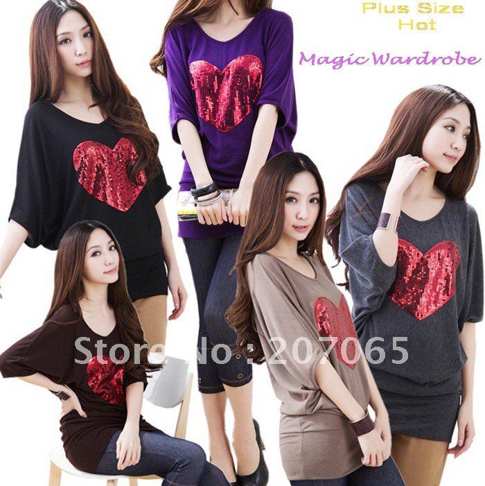 Plus size bat peach collar love sequins design ,fashion women short-sleeved T shirts,women blouse,ladies tops  5 colour