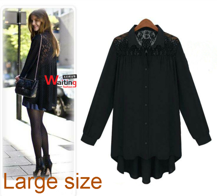 plus size blouse women fashion designed black long-sleeve lace chiffon blouse mother's tops XL,XXL,XXXL free shipping