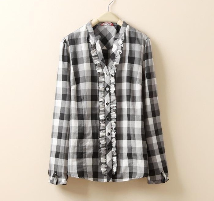 Plus size clothing fashion ruffle hem V-neck slim 100% cotton plaid long-sleeve shirt