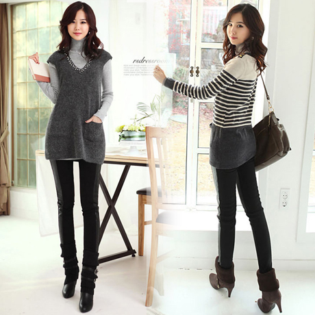 Plus size elastic faux leather patchwork skinny pants pencil pants trousers legging autumn female