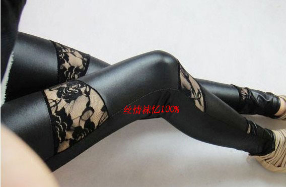 plus size Faux leather lace patchwork Tight leggings .legging lace legging black Slimming pants dd0011
