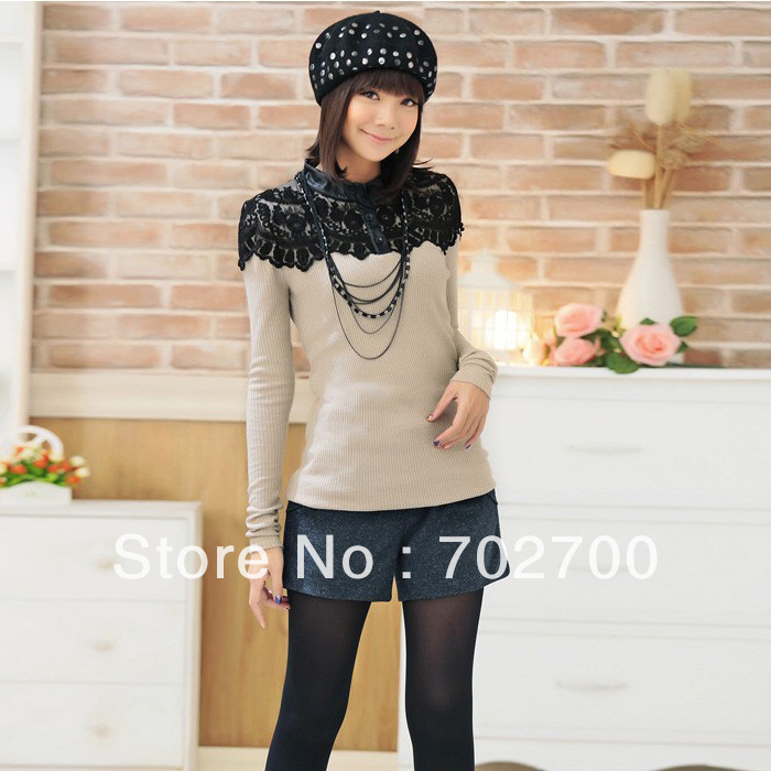 Plus Size Ladies Tops Latest Fashion Leather Stand Collar Lace Patch Bottom Shirts Free Shipping